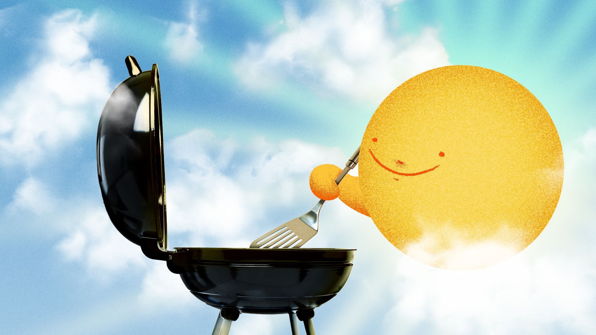 Illustration of a sun barbecuing on the grill.