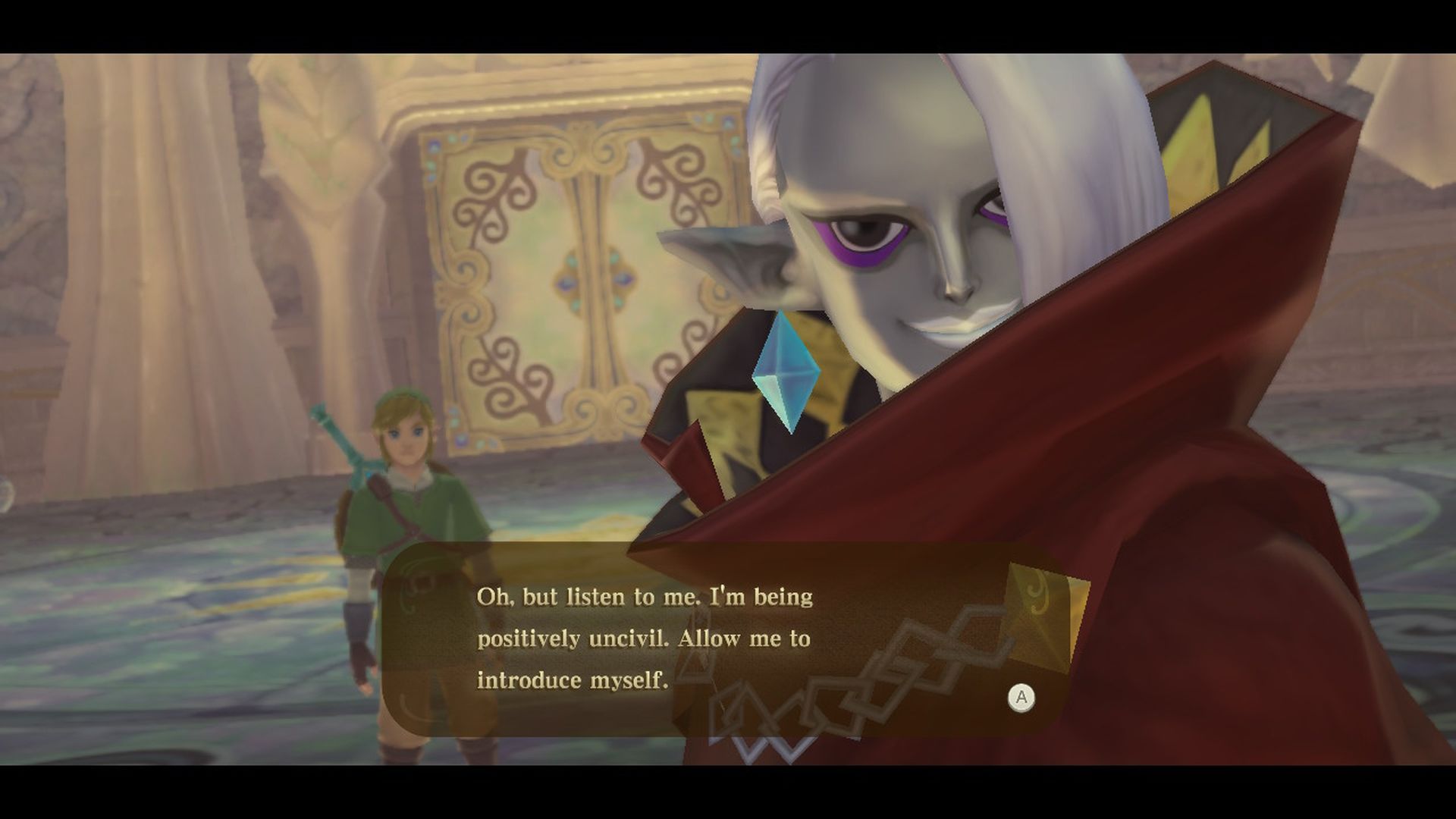 Video game screenshot of a white-skinned man with a blue earring talking to a warrior in a green tunic