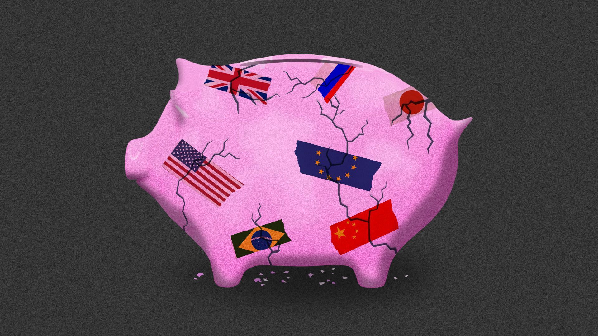 Illustration of piggy bank cracking held together by countries' flags
