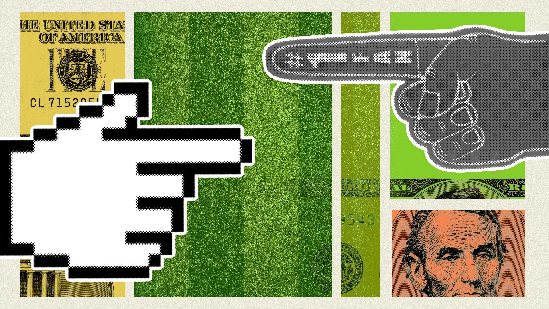 Illustrated collage of a hand cursor, foam hand, turf and money elements.