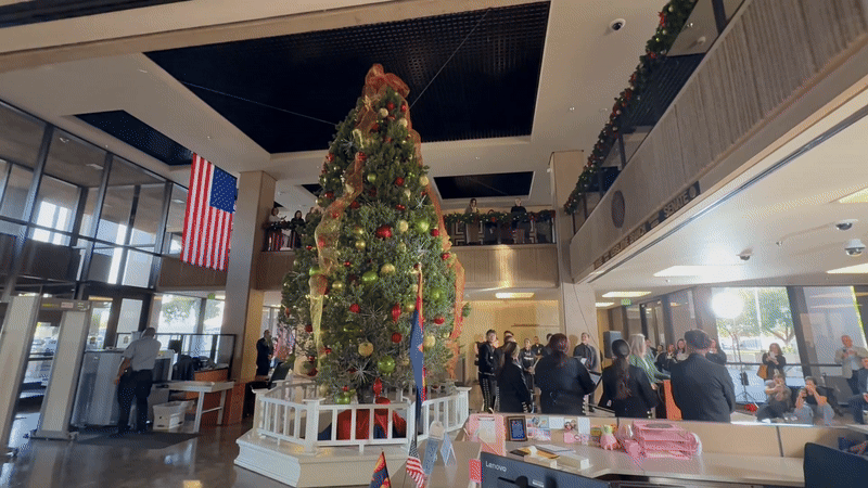 A five-second video depicting lights being illuminated on a thirty-foot-tall Christmas tree in a large lobby as a group of people clap. 
