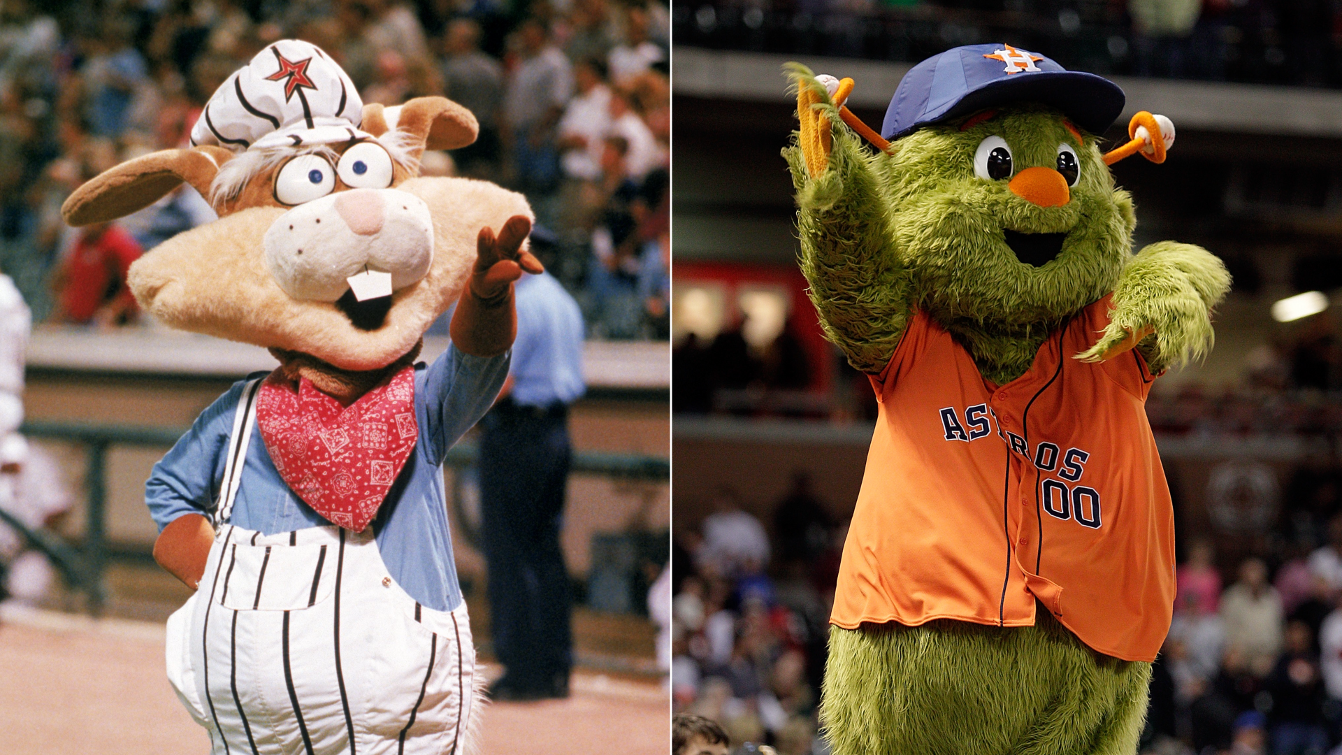 A side-by-side of the Astro's old mascot Junction Jack with the team's current one, Orbit.