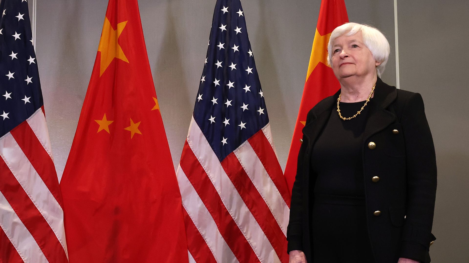 Yellen near China US flags