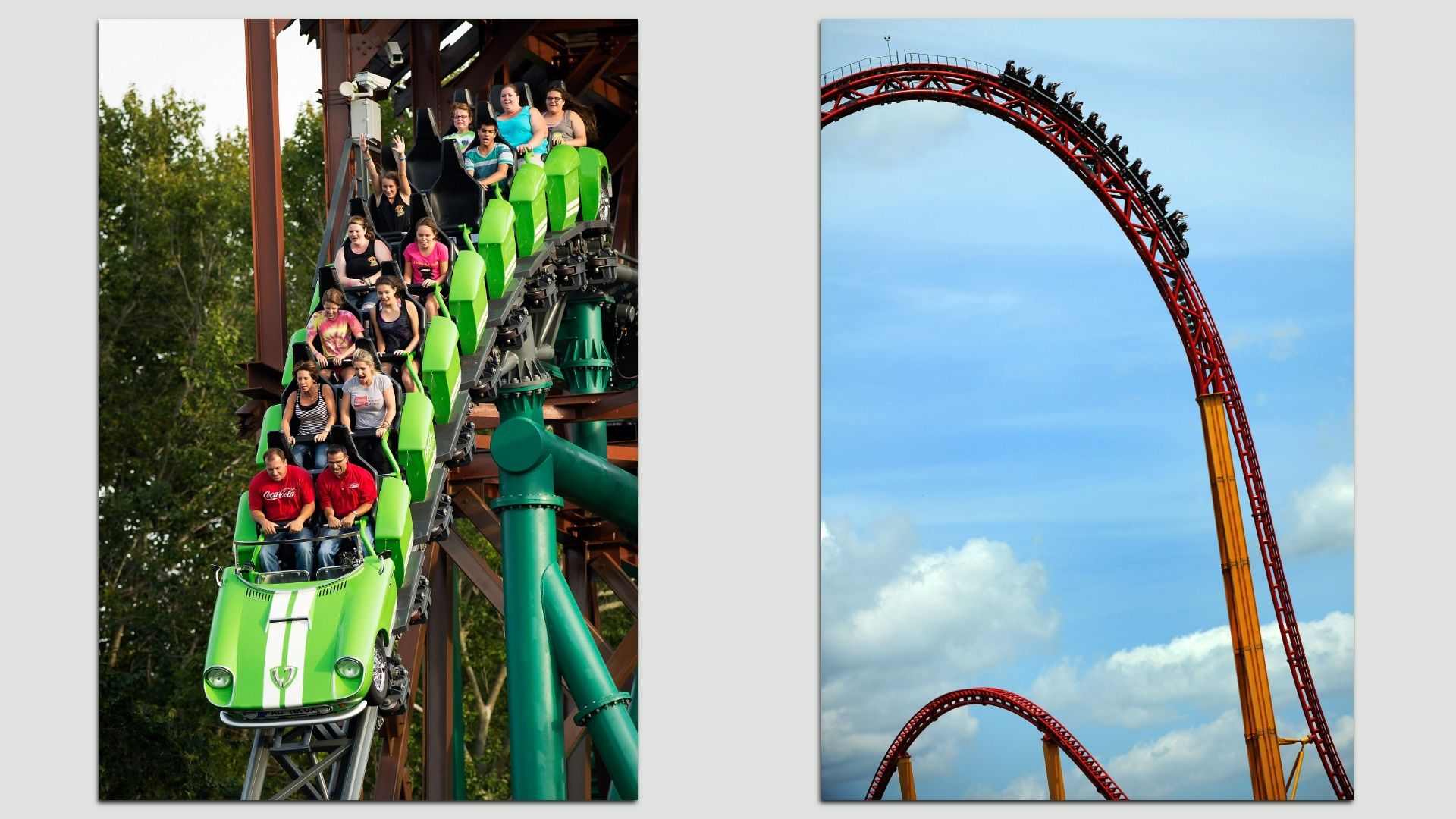 two roller coasters side by side