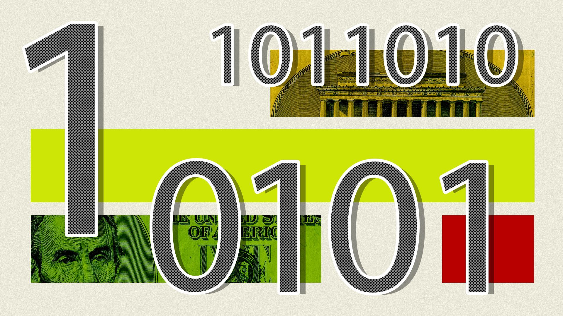 Illustration of binary numbers with abstract shapes and money elements.