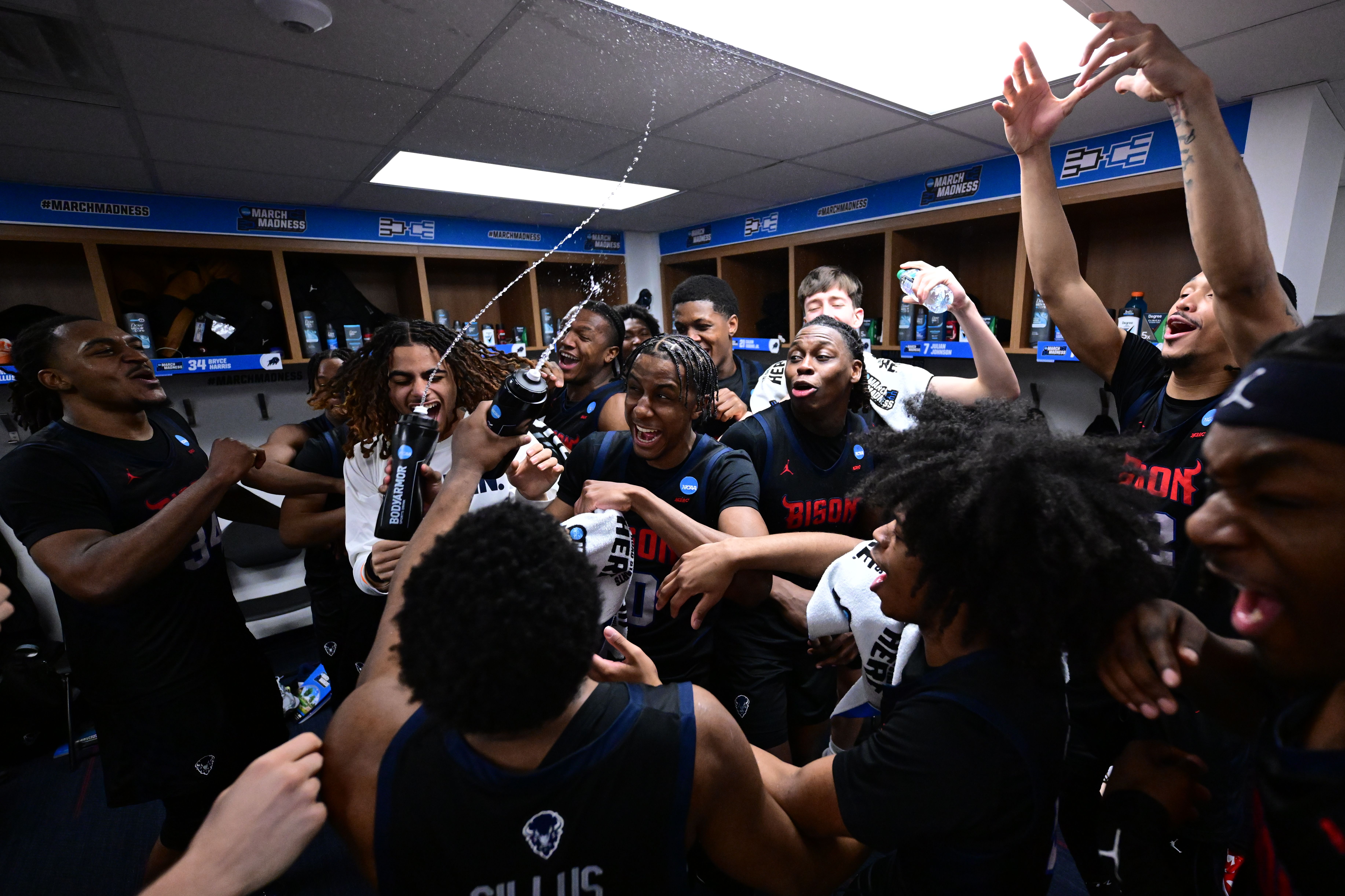 DAYTON, OHIO - MARCH 17: Howard Bison players celebrate their win over the UMBC Retrievers during the First Four round of the 2026 NCAA Men's Basketball tournament held at UD Arena on March 17, 2026 in Dayton, Ohio. (Photo by Ben Solomon/NCAA Photos via Getty Images)

