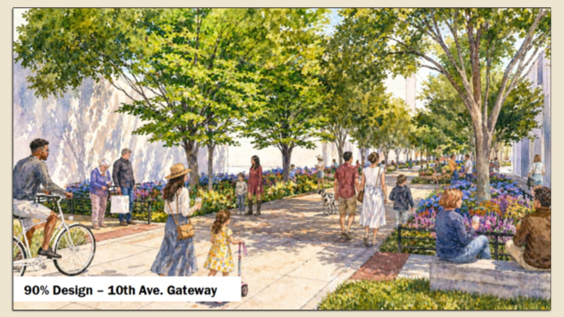 Tree-lined urban promenade with people walking, a cyclist on the left, families among colorful flower beds; a sign reads 90% Design - 10th Ave. Gateway.