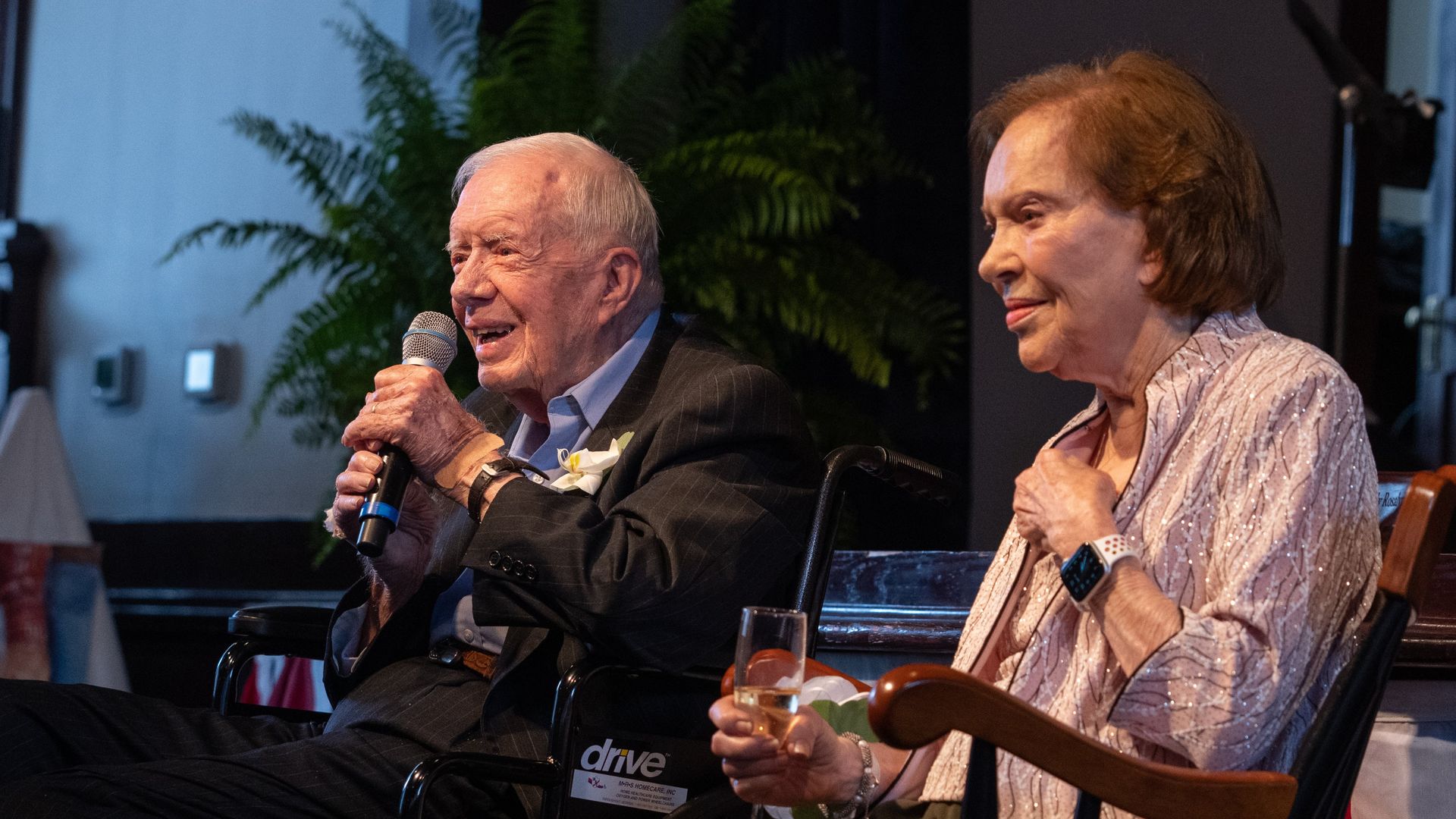 Former President Jimmy Carter and former first lady Rosalynn Carter during their 75th wedding anniversary celebration at Plains High School in Plains on Saturday.