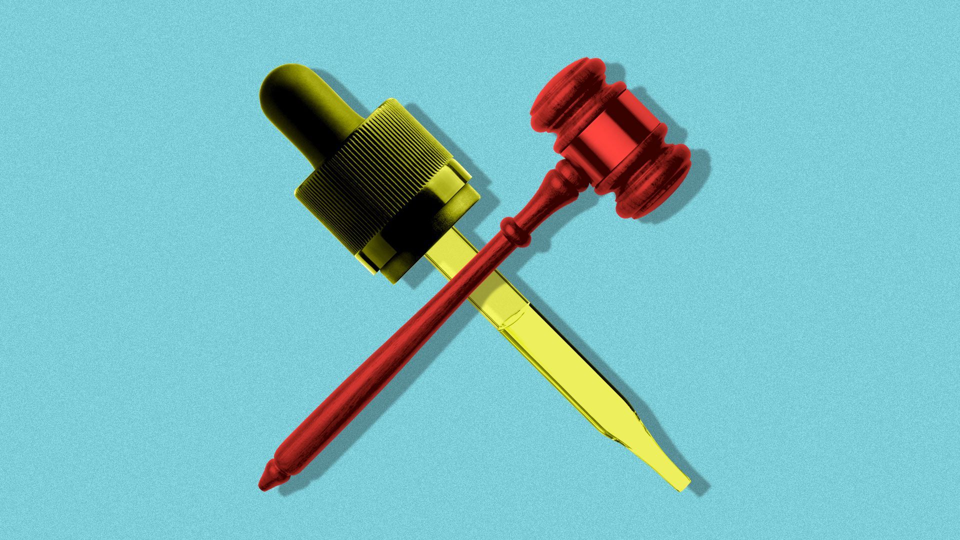 Illustration of a CBD oil dropper crossed with a gavel.