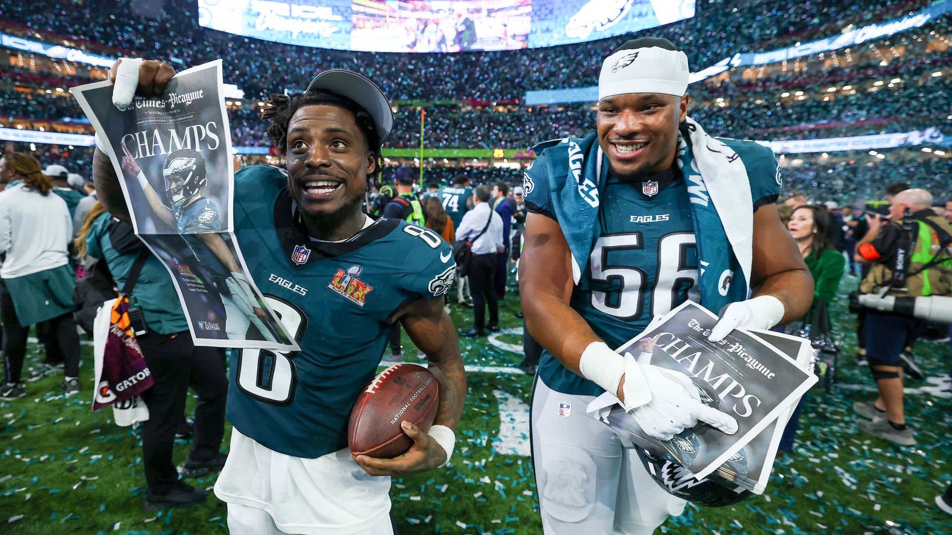 C.J. Gardner-Johnson and Tyler Steen celebrate after the Eagles beat Kansas City in the Super Bowl.