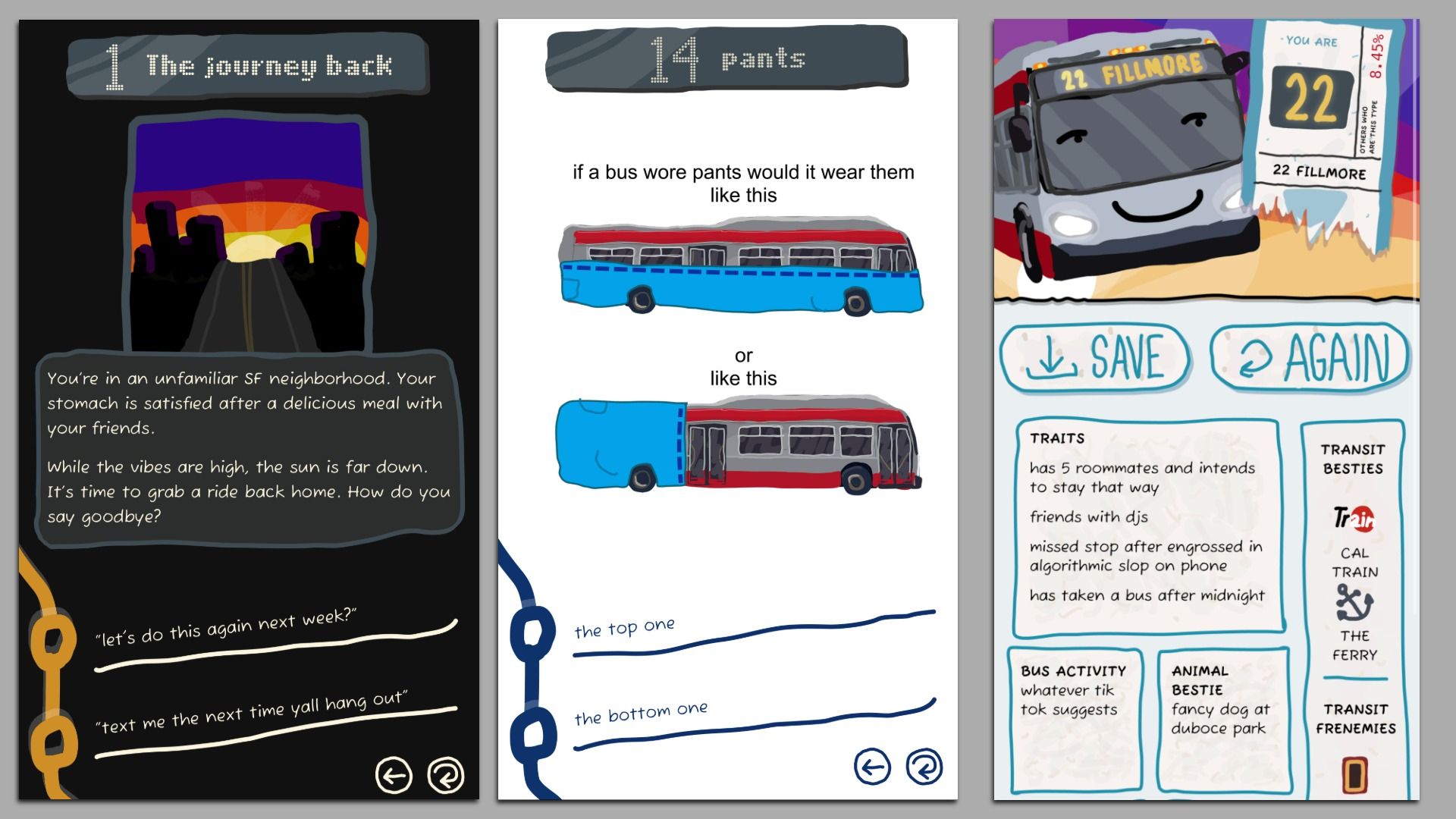 Three screenshots of the SF Transit Quiz, depicting graphics and multiple choice questions