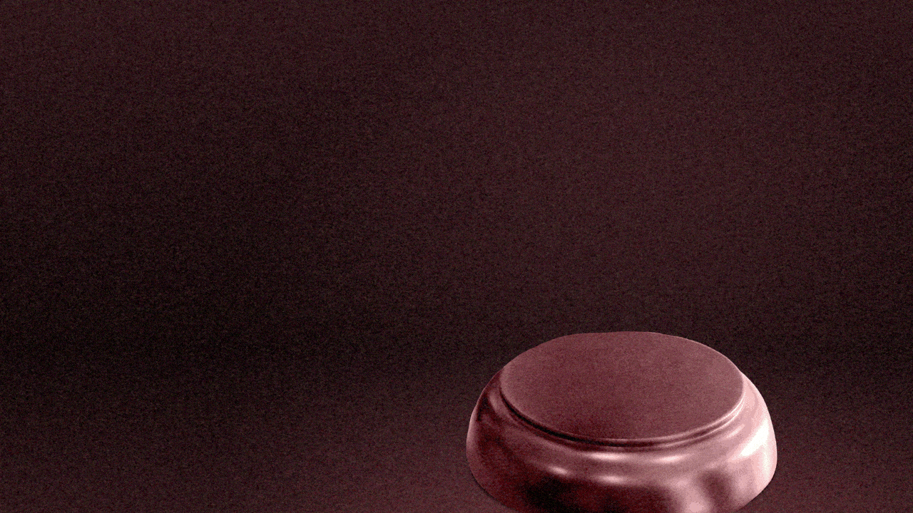 Animated illustration of a gavel pounding a block, and sending sparkle shapes flying when it hits.