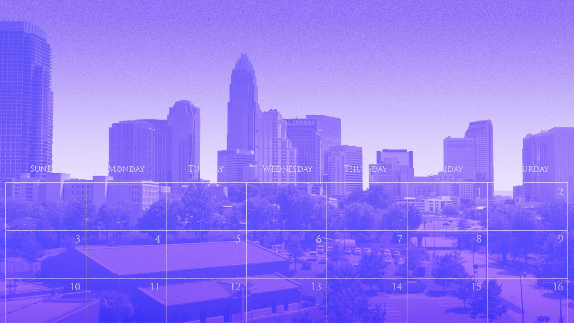 Illustration of the Charlotte skyline with a calendar over it