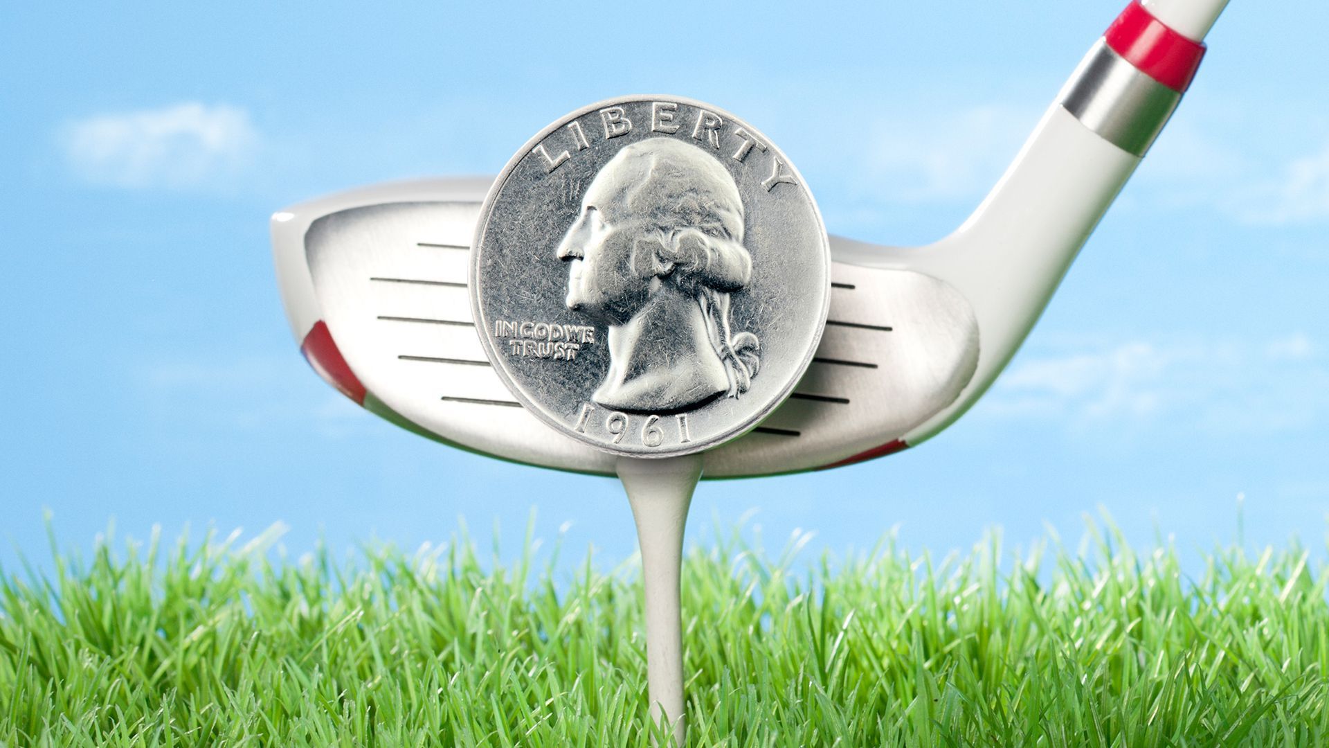 A golf club tees up a quarter