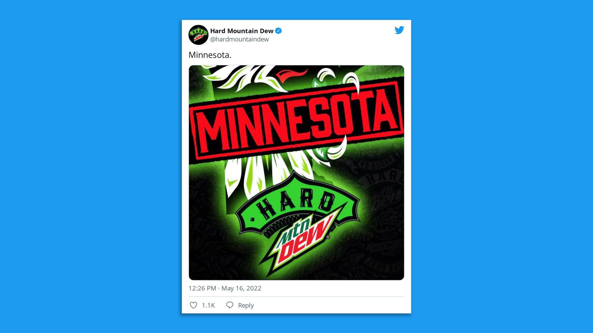 A screenshot of Hard Mountain Dew's Twitter announcement that the beverage will be available in Minnesota.