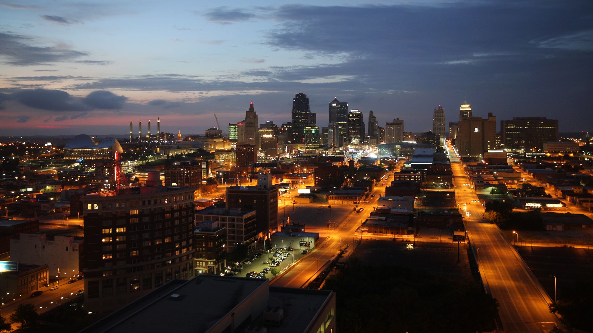 A panoramic view at night time of Kansas City, Missouri, USA. Kansas City, or K.C., is the largest city in the state of Missouri. It is the 37th–largest city by population in the United States and the 23rd–largest by area. Kansas City, Missouri, USA.10th August 2015. 
