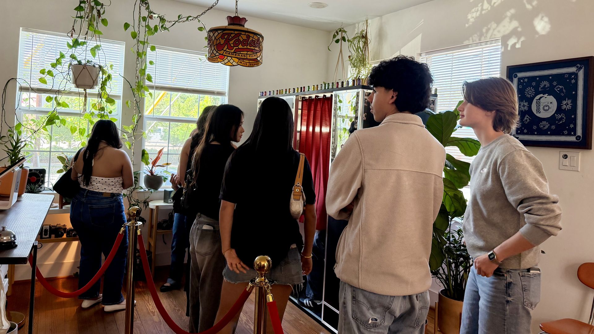 Group of people indoors near a display, standing behind red rope barriers. A vintage lamp hangs from the ceiling among trailing green vines and potted plants; sunlit windows and a blue-framed poster on the wall.