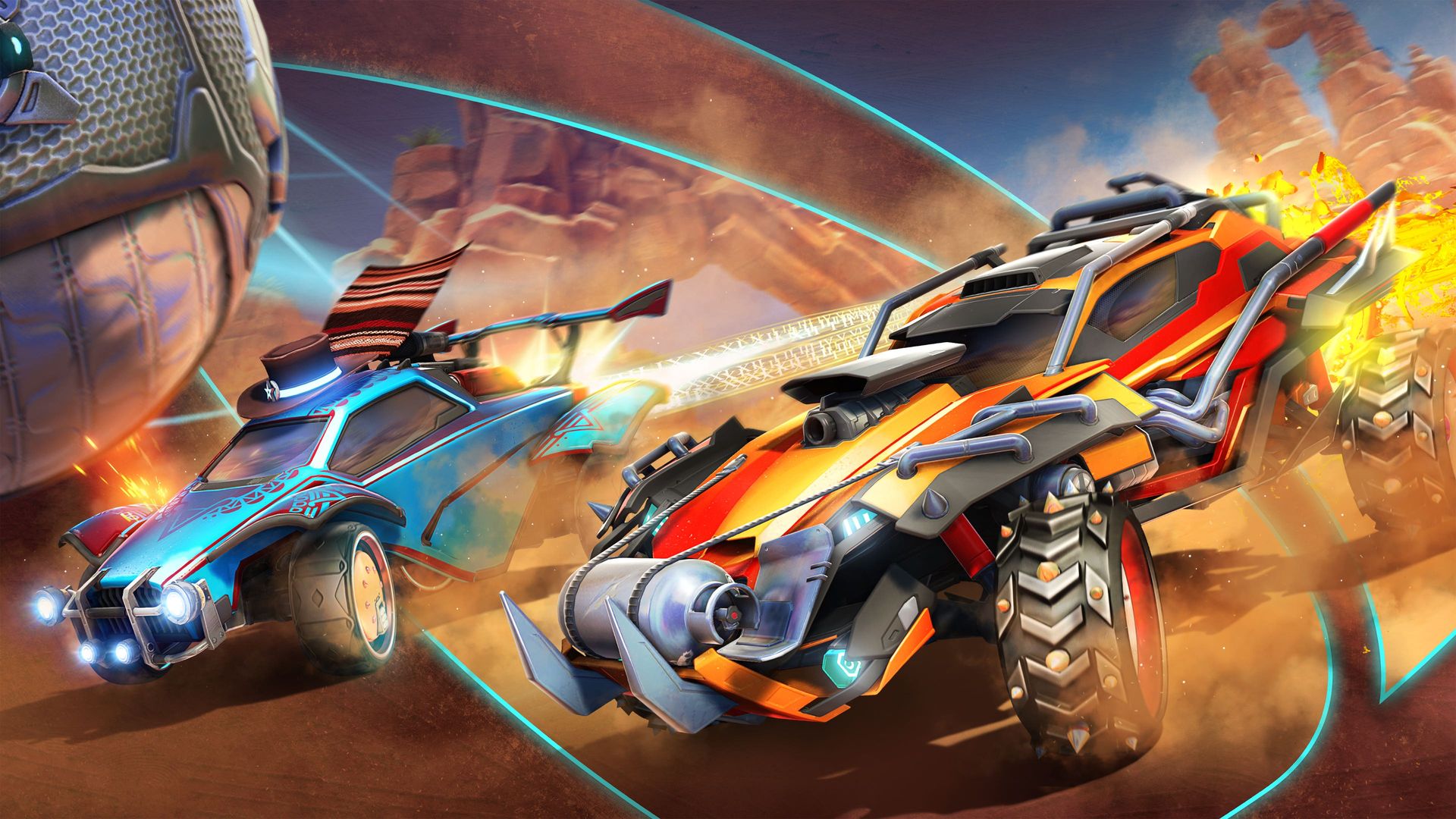 Illustration of two video game cars battling for position to bump a giant soccer ball