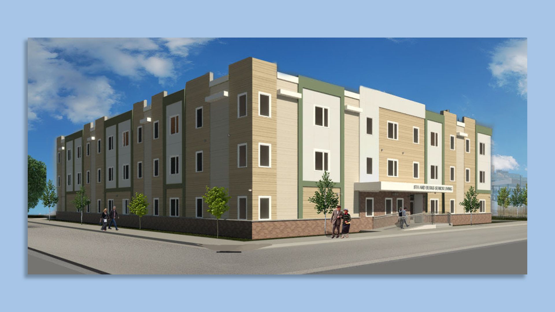 An architecture rendering of Camino De Oro, an affordable housing project for seniors.