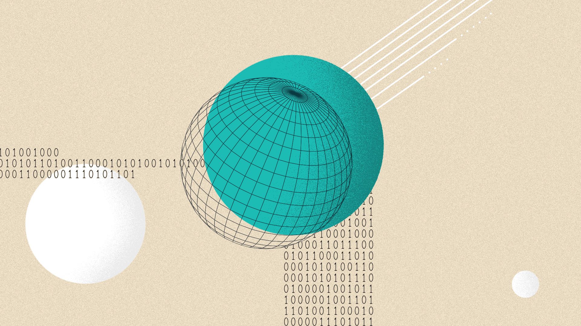 Illustrated collage of circular shapes, spheres and binary code.