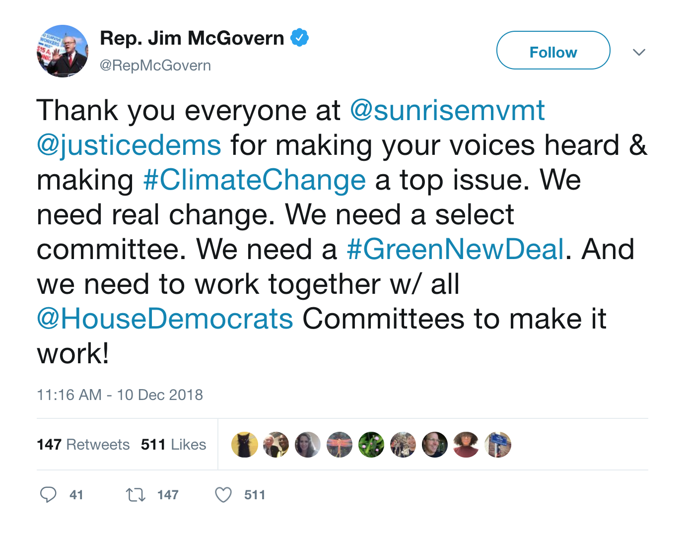 Screenshot of tweet by Rep McGovern on Green New Deal
