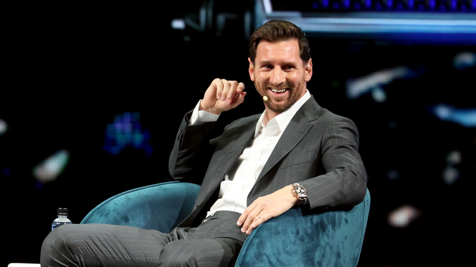 MIAMI, FLORIDA - NOVEMBER 05: Lionel Messi speaks onstage during day 1 of the America Business Forum at Kaseya Center on November 05, 2025 in Miami, Florida. (Photo by Alexander Tamargo/Getty Images for America Business Forum)
