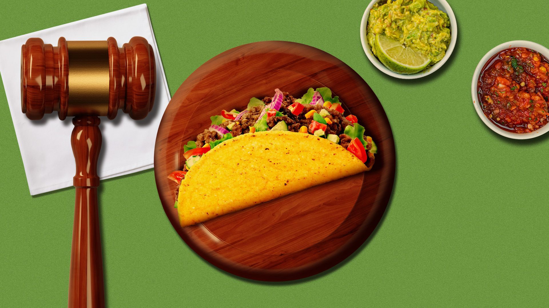 Illustration of a taco on a sound block next to a gavel and various side dishes