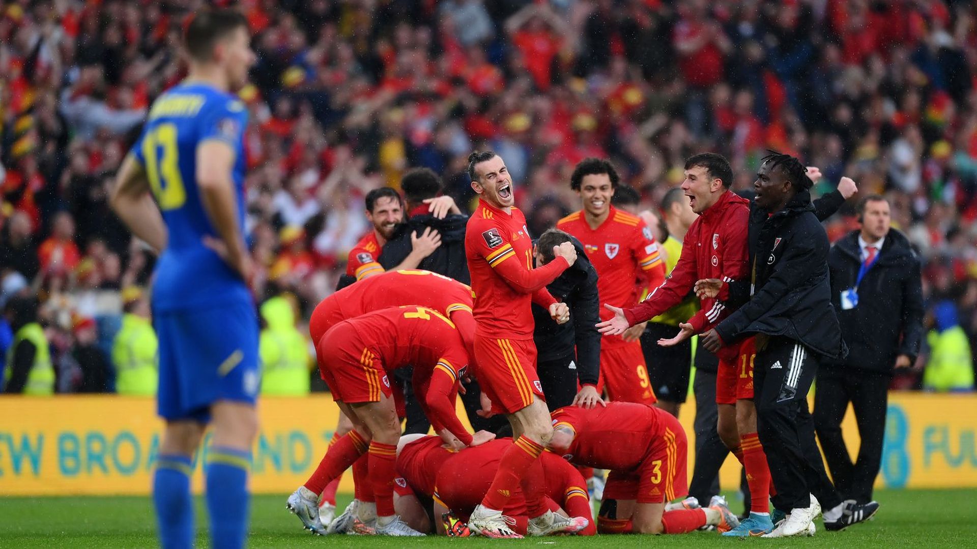 Wales celebrates the victory.