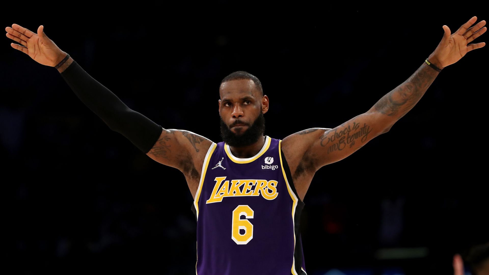 LeBron James #6 of the Los Angeles Lakers ushers the crowd to be quiet during the fourth quarter against the Utah Jazz at Crypto.com Arena on February 16, 2022 in Los Angeles, California. 