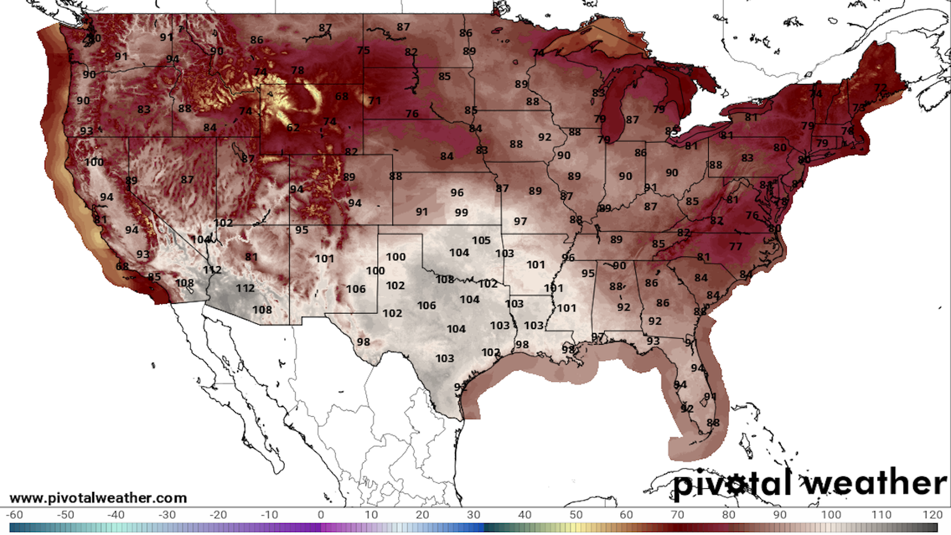 Map of forecast high temperatures across the U.S. on August 4, 2023.
