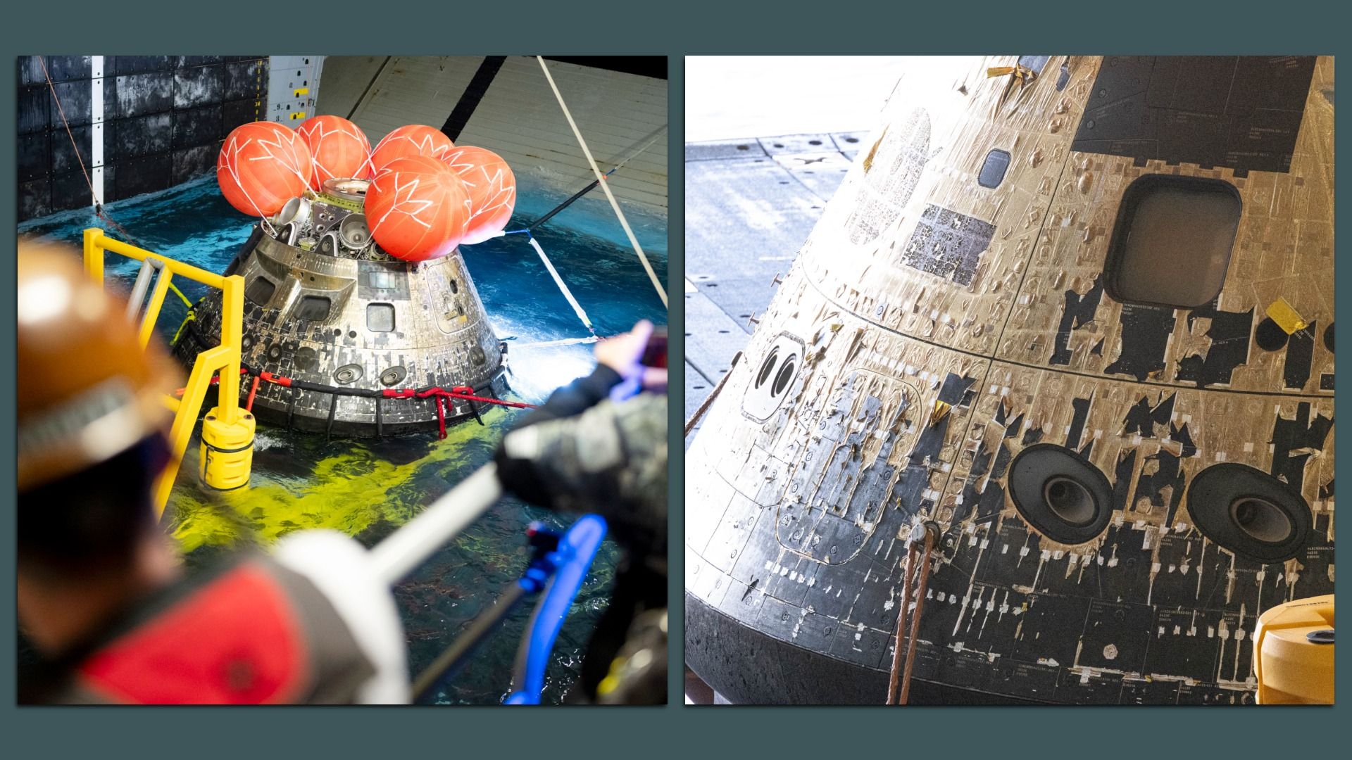 Side-by-side images of a space capsule after splashdown: on the left, the capsule floats in a recovery pool with orange flotation bags attached as workers observe from the foreground; on the right, a close-up shows the capsule’s scorched, heat-damaged exterior with panels and sensors visible.
