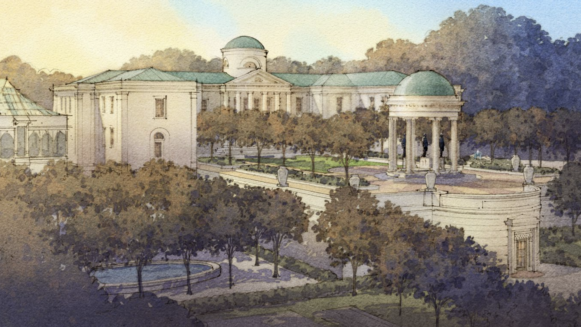 Watercolor illustration of a classical university campus: cream buildings with green domes, a central colonnade, a domed pavilion atop a circular terrace, and tree-lined walkways.