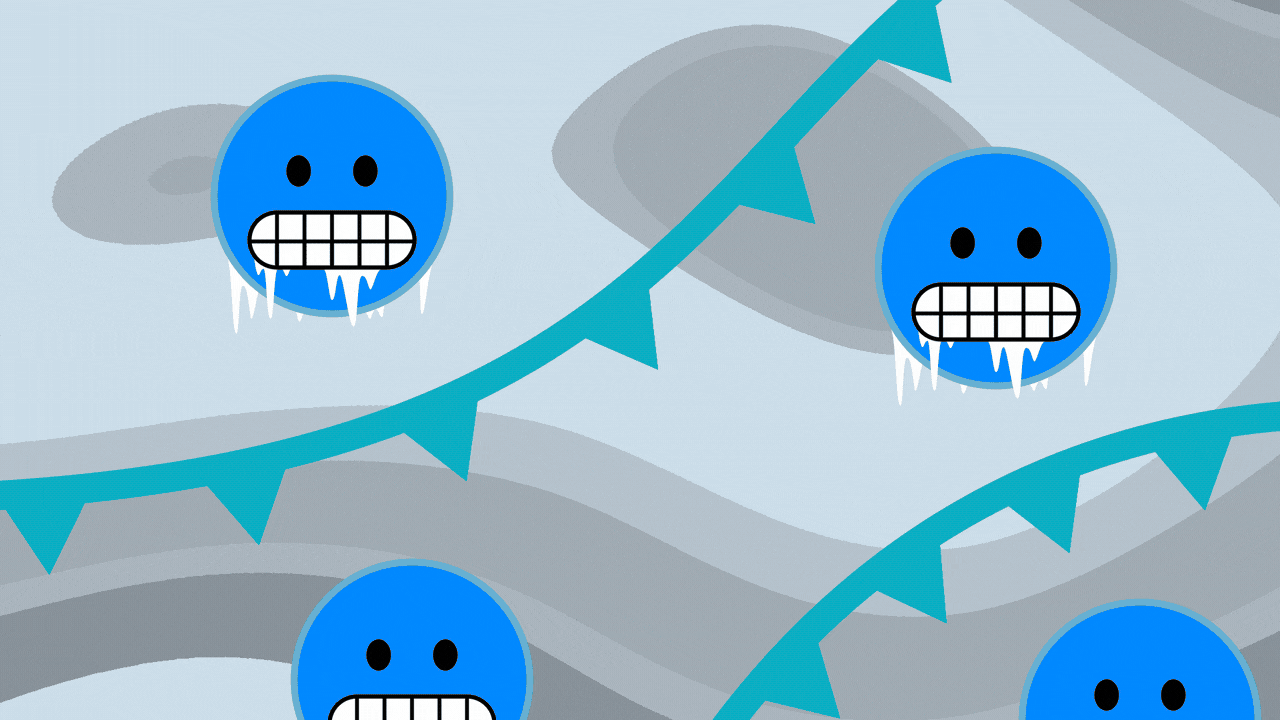 Animated illustration of a weather map with cold emojis, cold front symbols, and changing background colors.