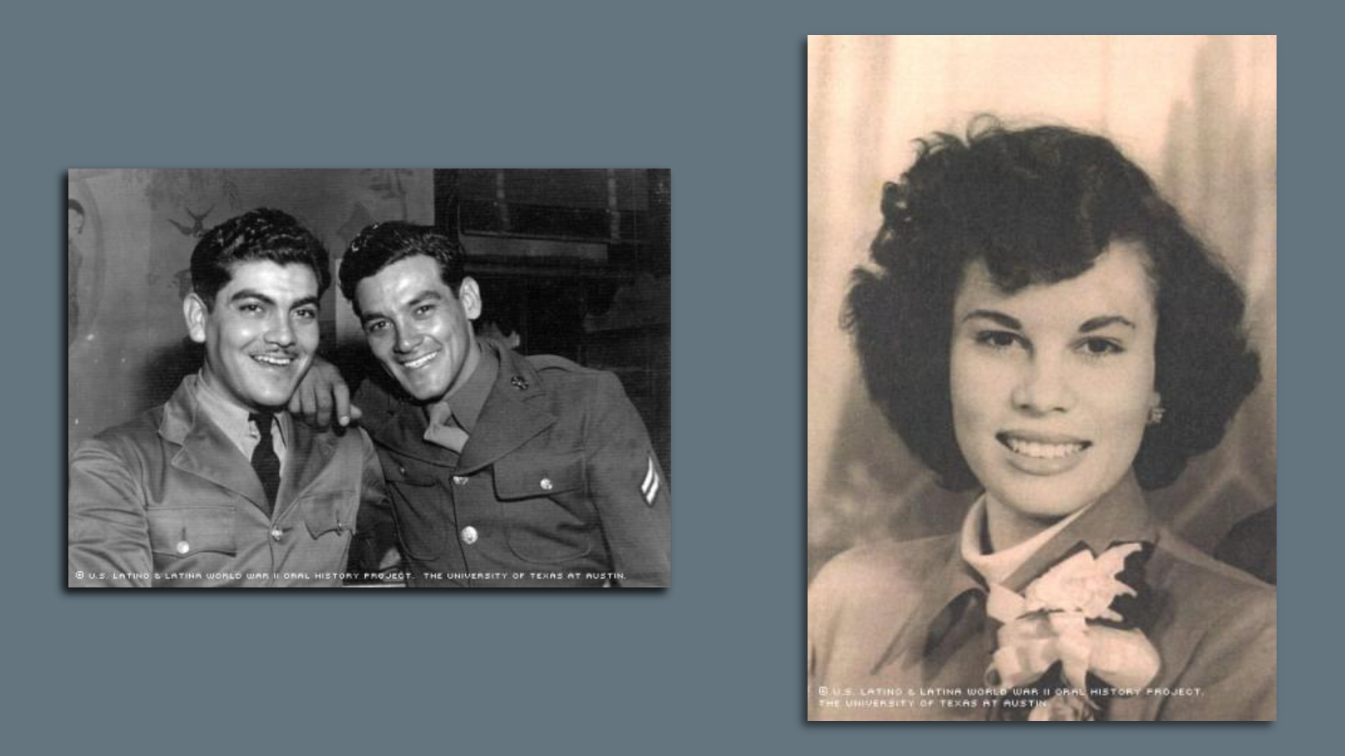 A side-by-side image showing a photo of two men in military uniforms on the left and a vintage headshot of a woman on the right.