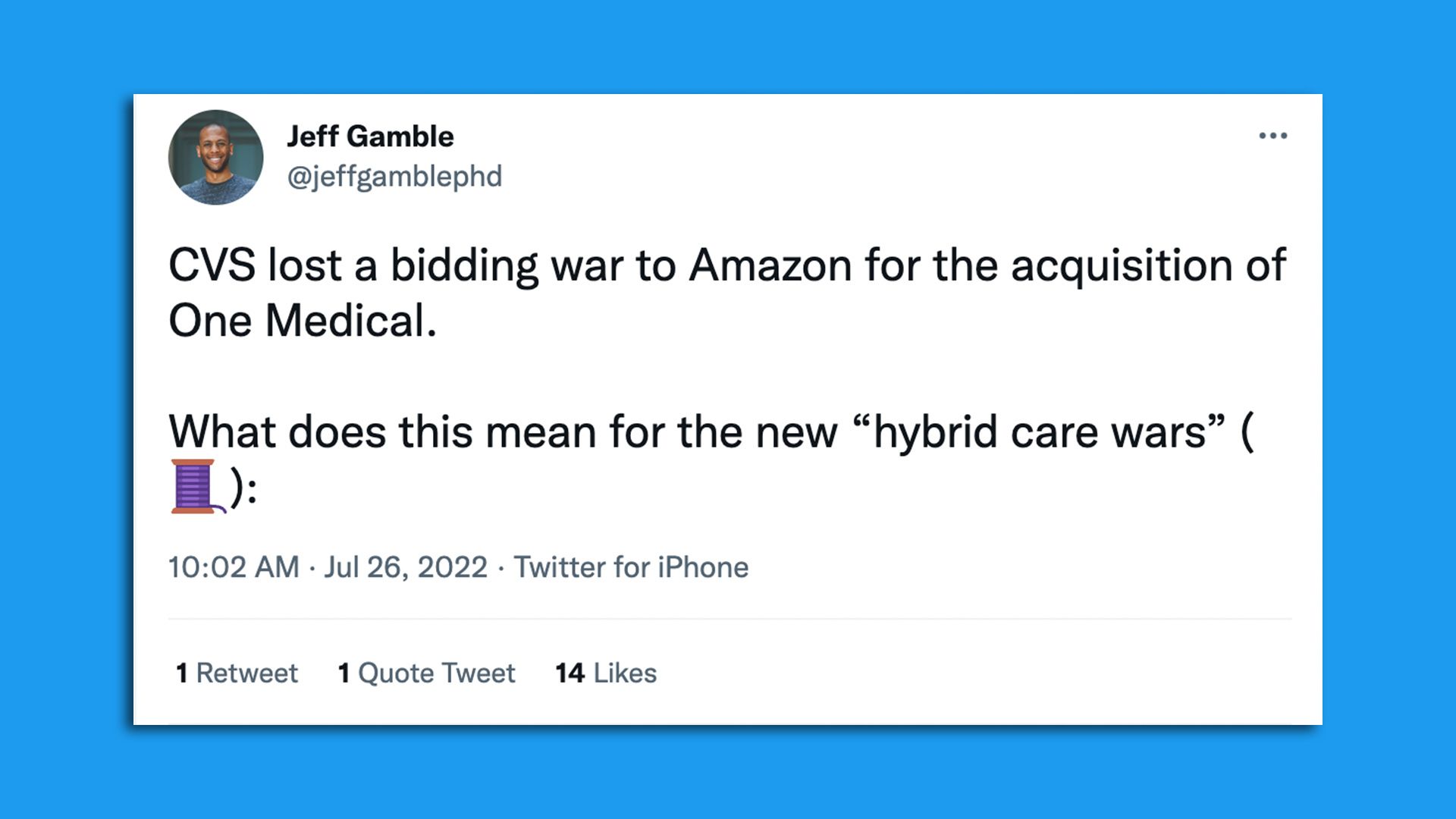 Rezilient Health founder Jeff Gamble twitter thread on Amazon's One Medical buy.