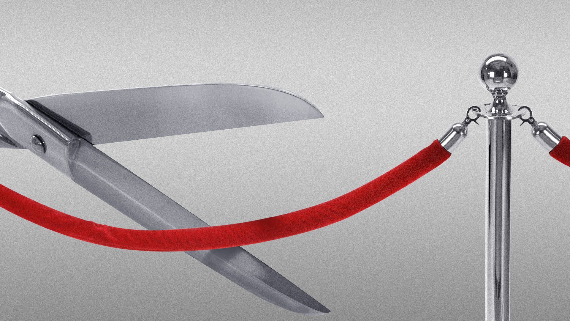 Illustration of a pair of scissors about to cut a velvet rope barrier. 