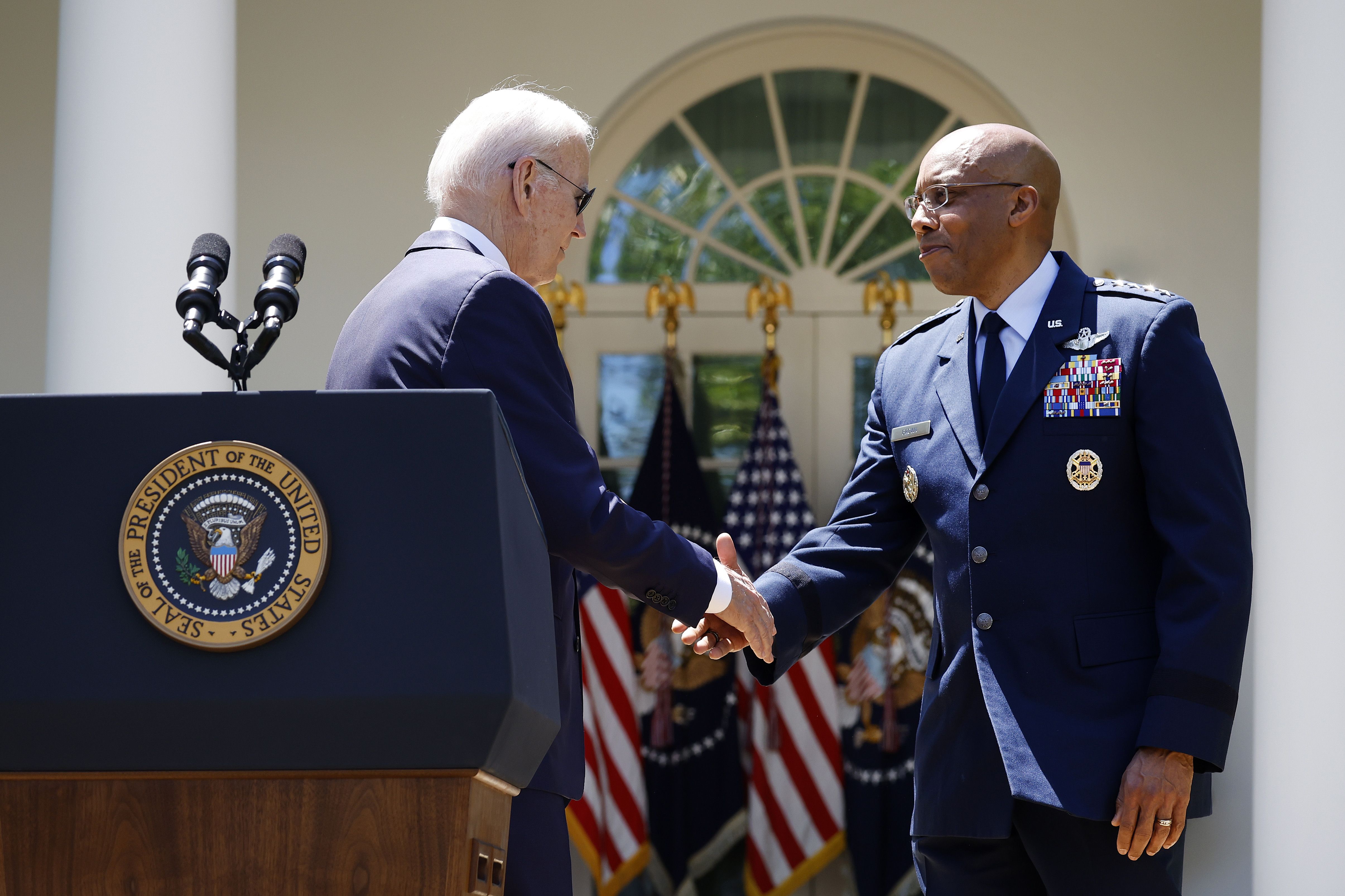 President Joe Biden shakes hands with Gen. Charles Q. Brown, Jr. as he announces his intent to nominate him to serve as the next Chairman of the Joint Chiefs of Staff during an event in the Rose Garden of the White House May 25, 2023 in Washington, DC.