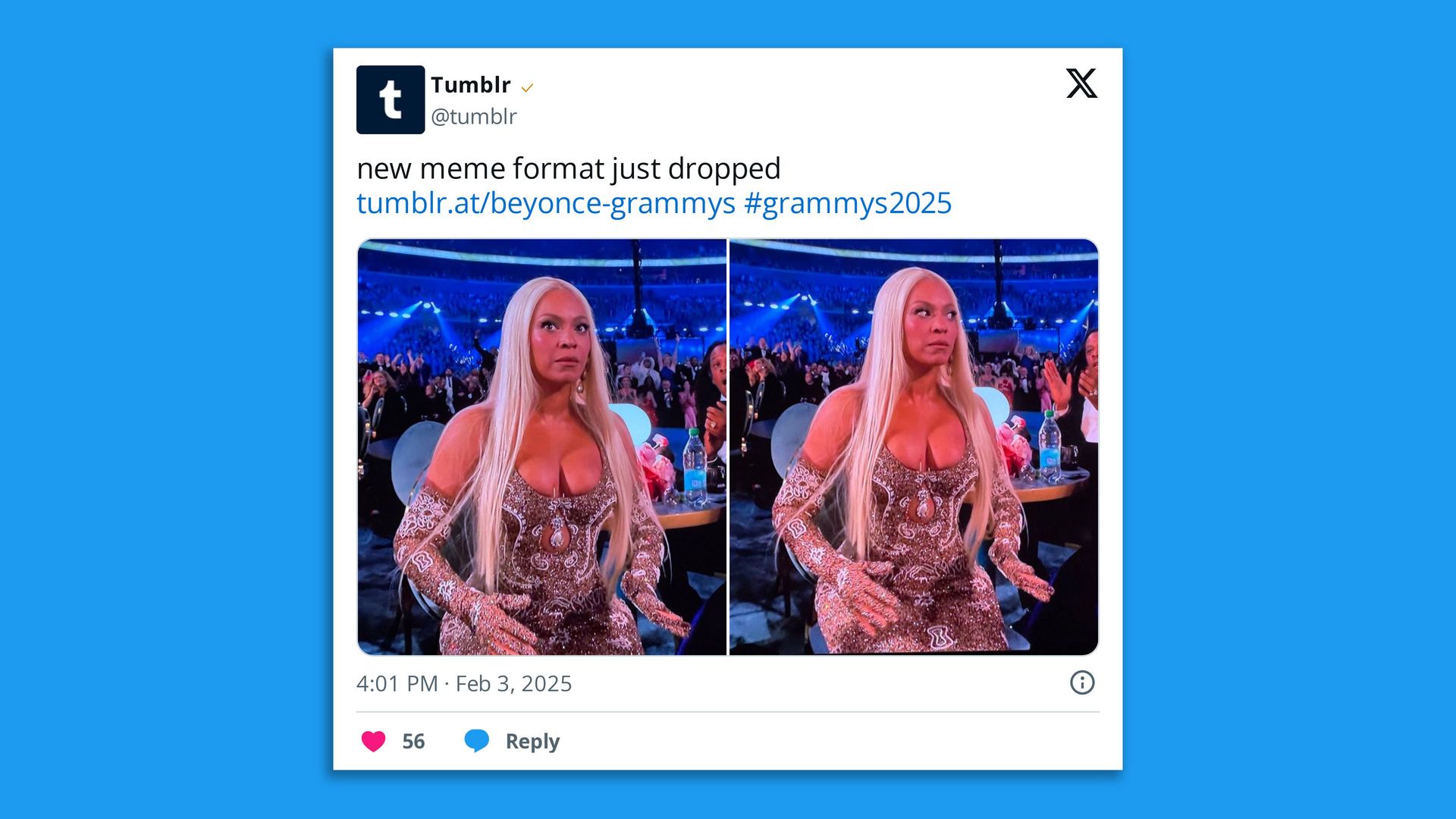 A screenshot of a tweet sharing images of Beyoncé surprised face after winning Best Country Album at the Grammys