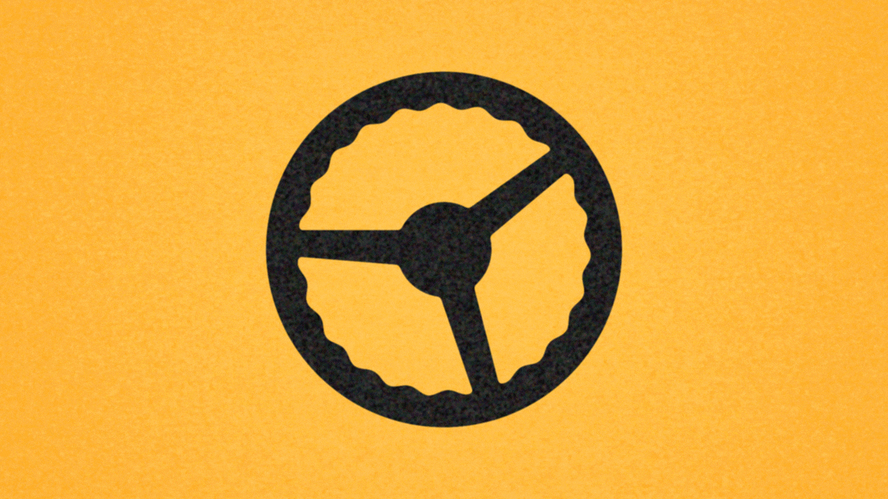 Animated illustration of a steering wheel that turns back and forth before turning into a clock that moves from 9 a.m. to 5 p.m. and then changing back.
