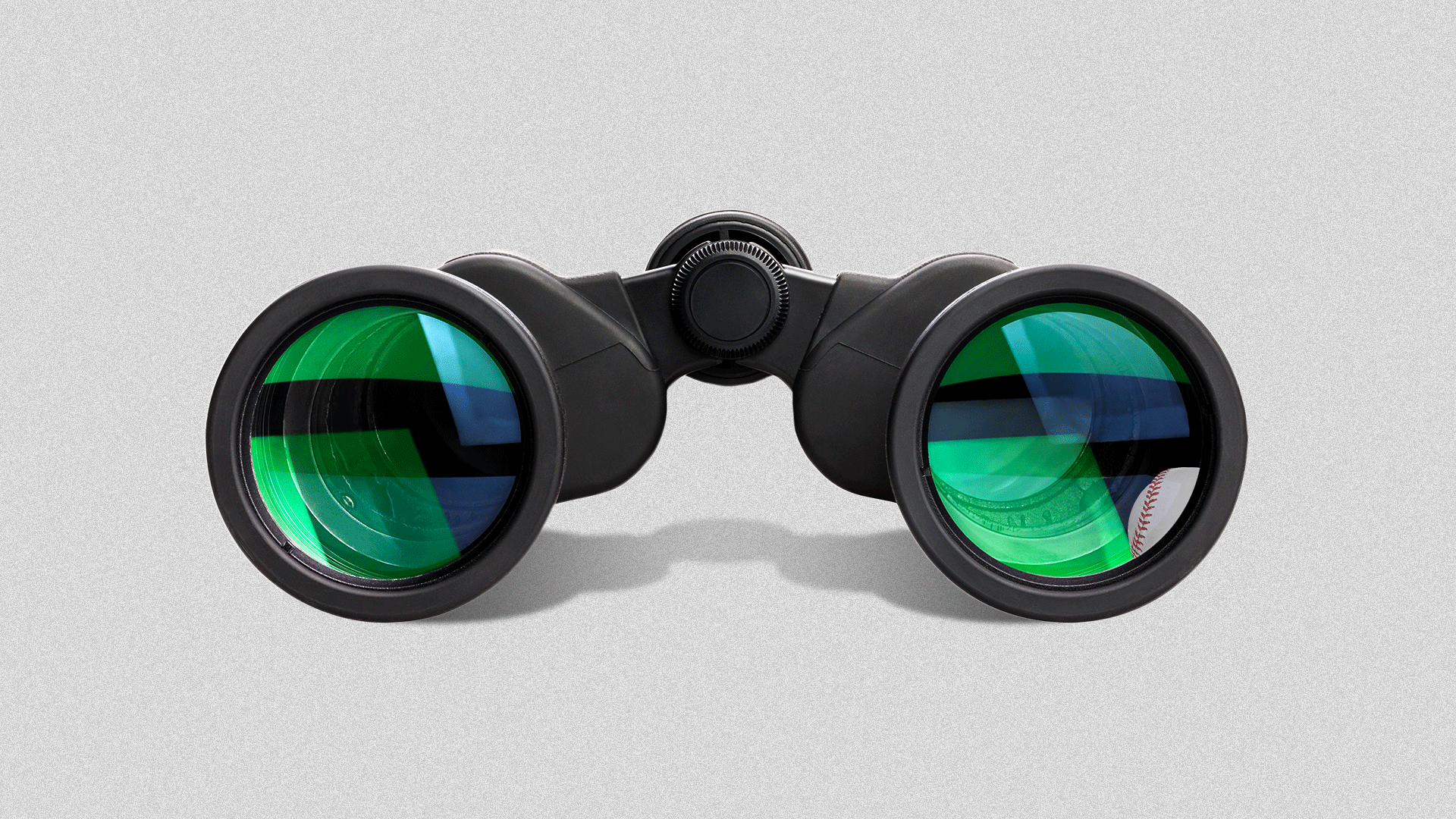 Animated illustration of a pair of binoculars with a reflection of a baseball being thrown in the lenses.