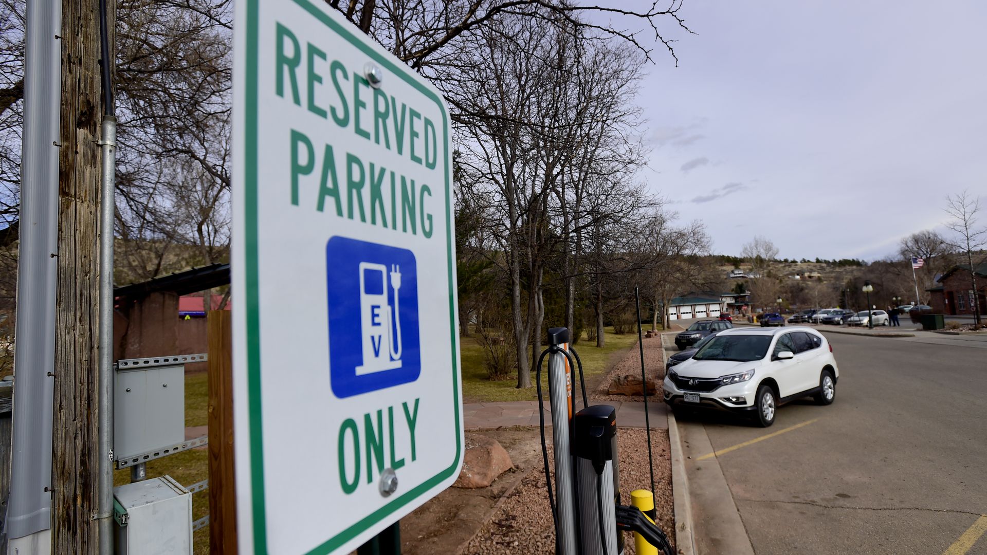 A parking spot equipped with an electric vehicle charging station