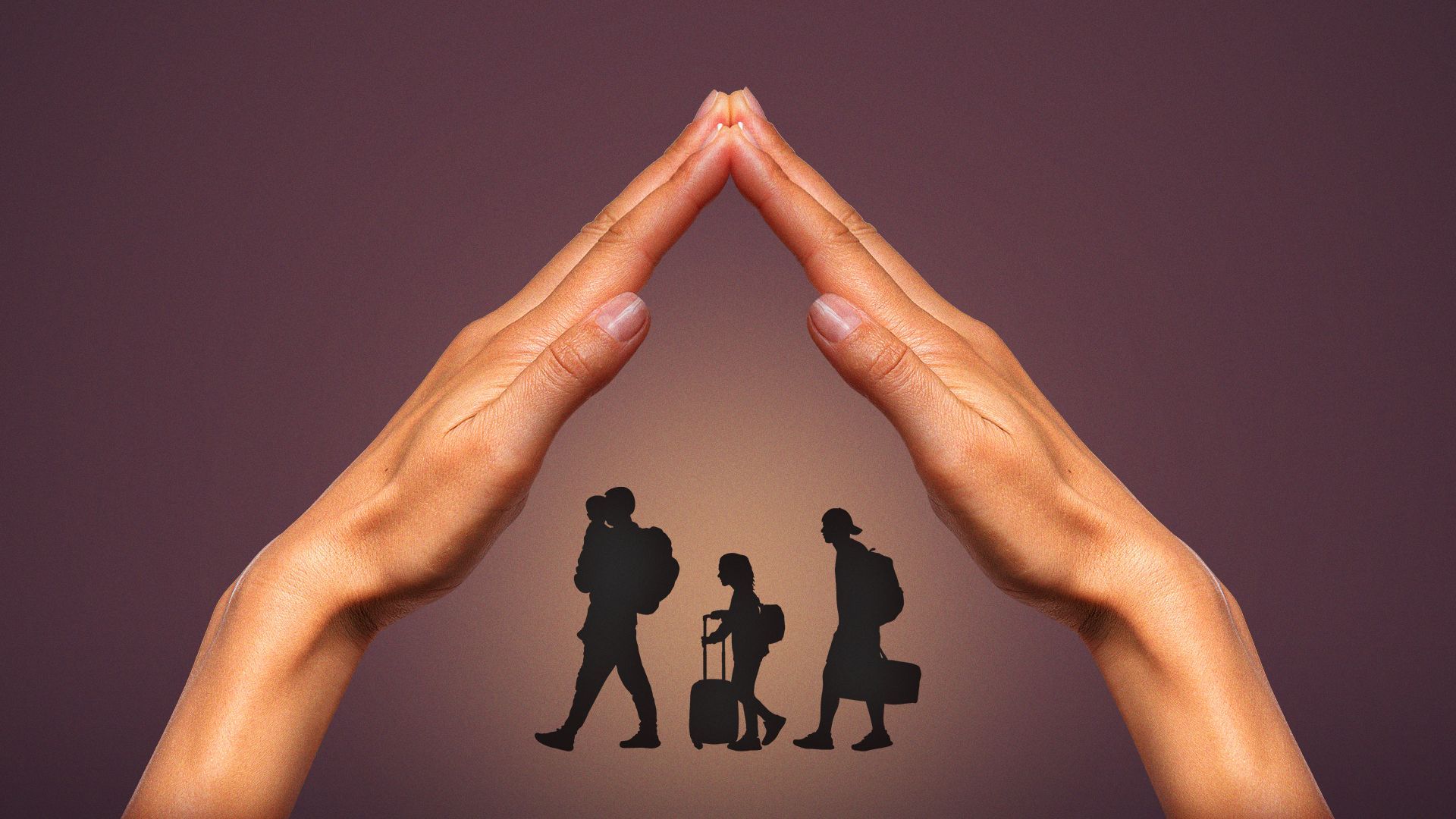 Illustration of two hands sheltering a family of refugees.