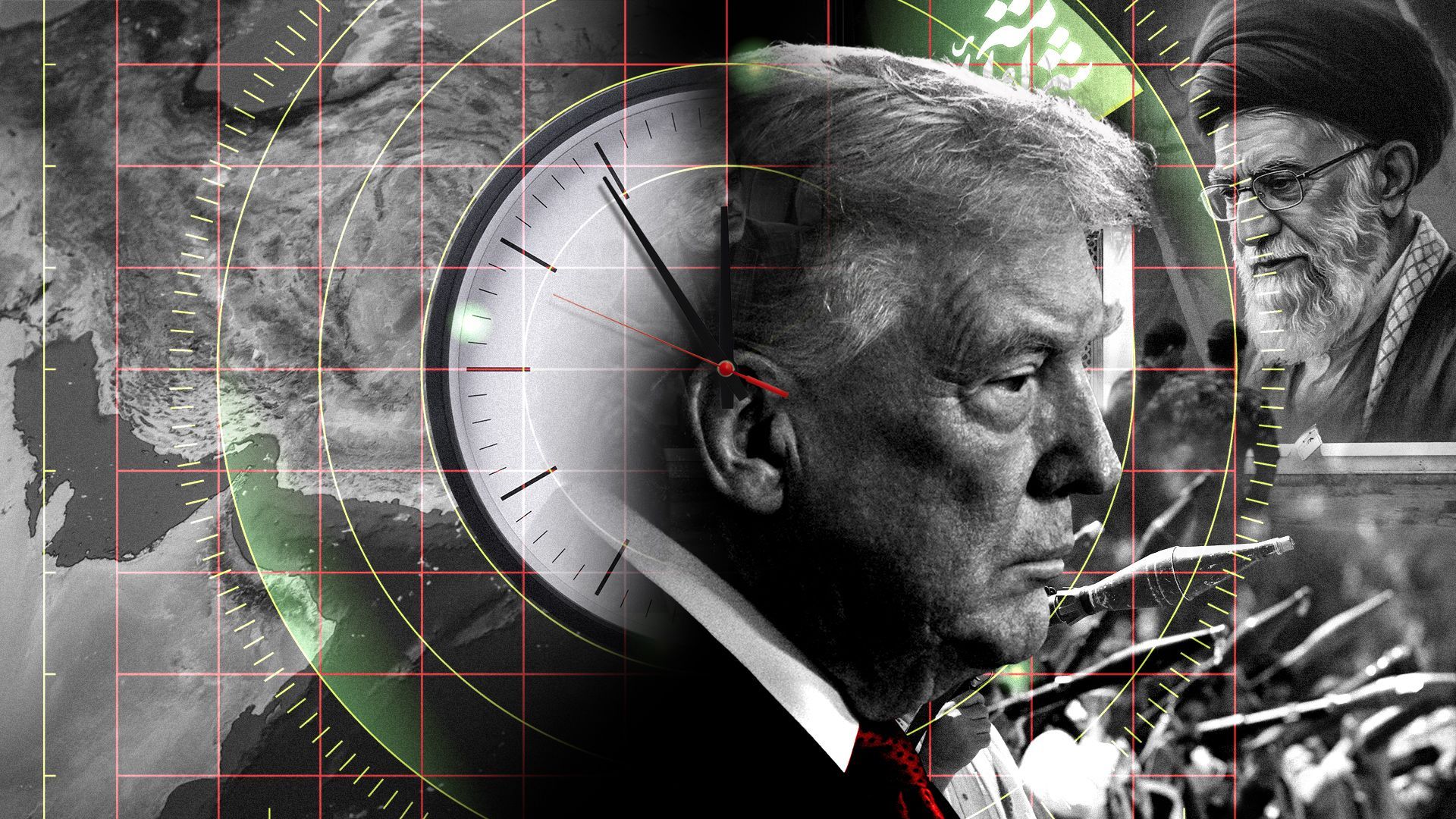 Photo illustration of President Donald Trump in a collage featuring a mural of Iran's slain supreme leader Ayatollah Ali Khamenei, supporters of the  Houthi movement brandishing their weapons, the Strait of Hormuz, and radar and clock elements