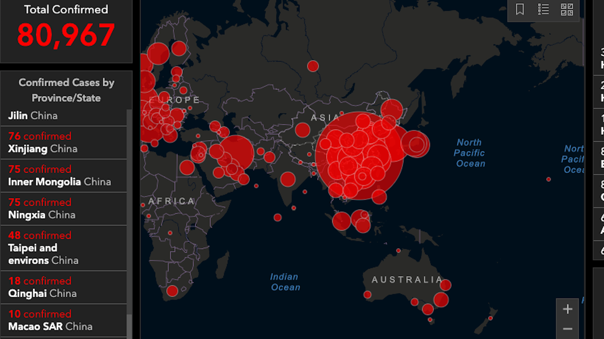 A screenshot of JHU's coronavirus map, showing "Taipei and environs" as belonging to China.