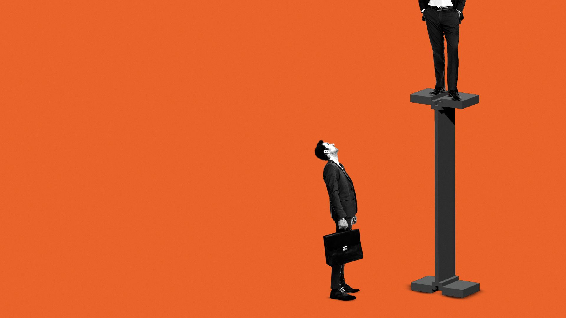 Illustration of a business person looking up at another person who is standing atop a giant 3D text cursor. 