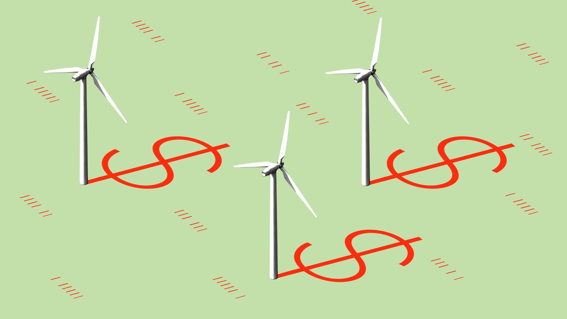 Illustration of wind turbines in a field with red dollar signs on the ground as shadows.