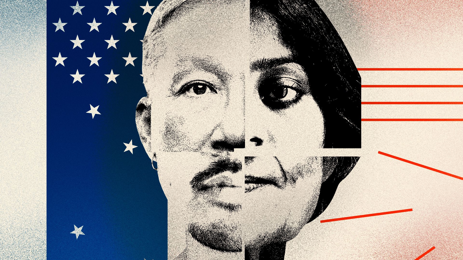 Illustrated collage of various Asian American people with abstract stars and stripes falling in the background. 