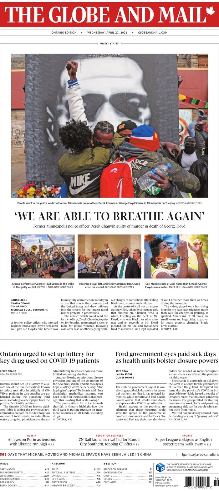Picture of the front page of Canada's The Globe and Mail newspaper