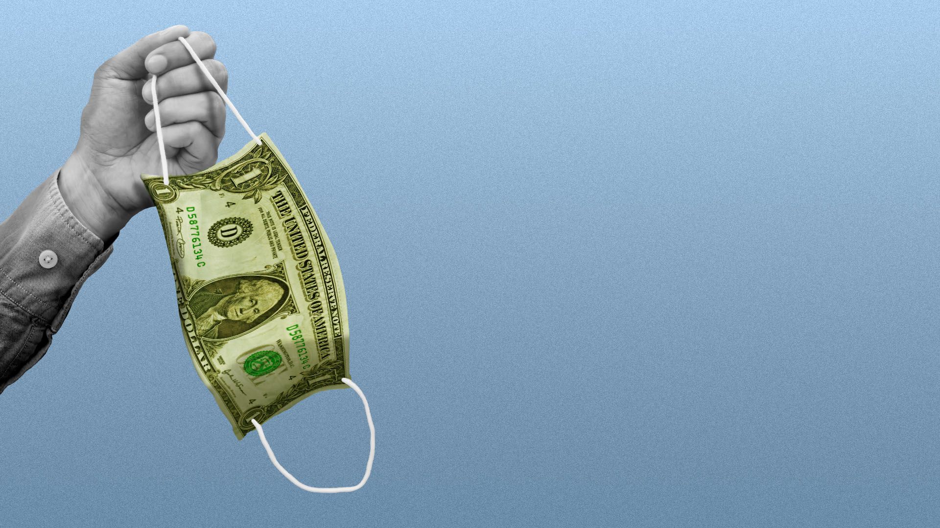 Illustration of someone holding a medical mask made out of a dollar bill