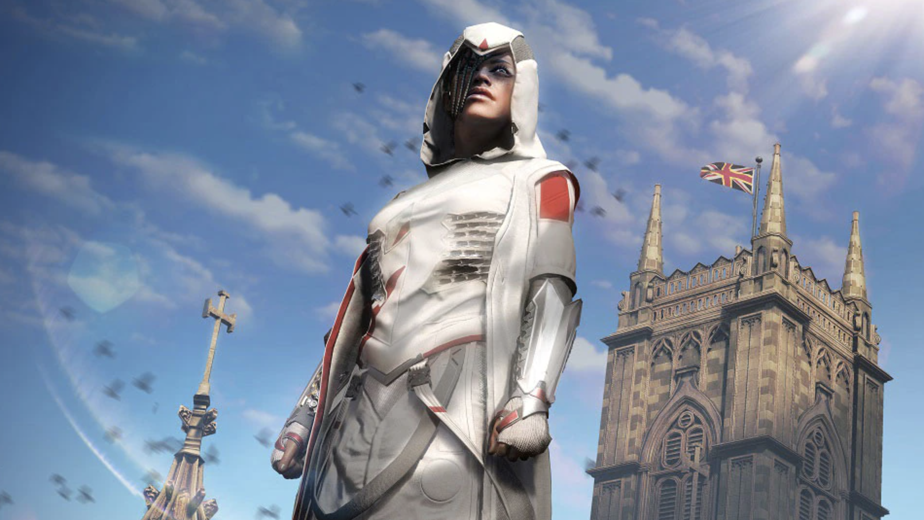 Video game image of a character dressed in white robes, standing in front of Big Ben.